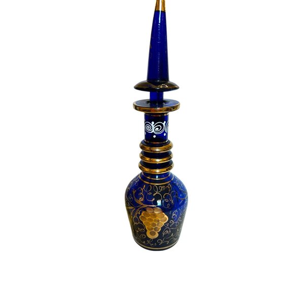 Vintage Bohemian Persian Hand-Painted Cobalt Blue & Gold Glass Decanter - Picture 3 of 13